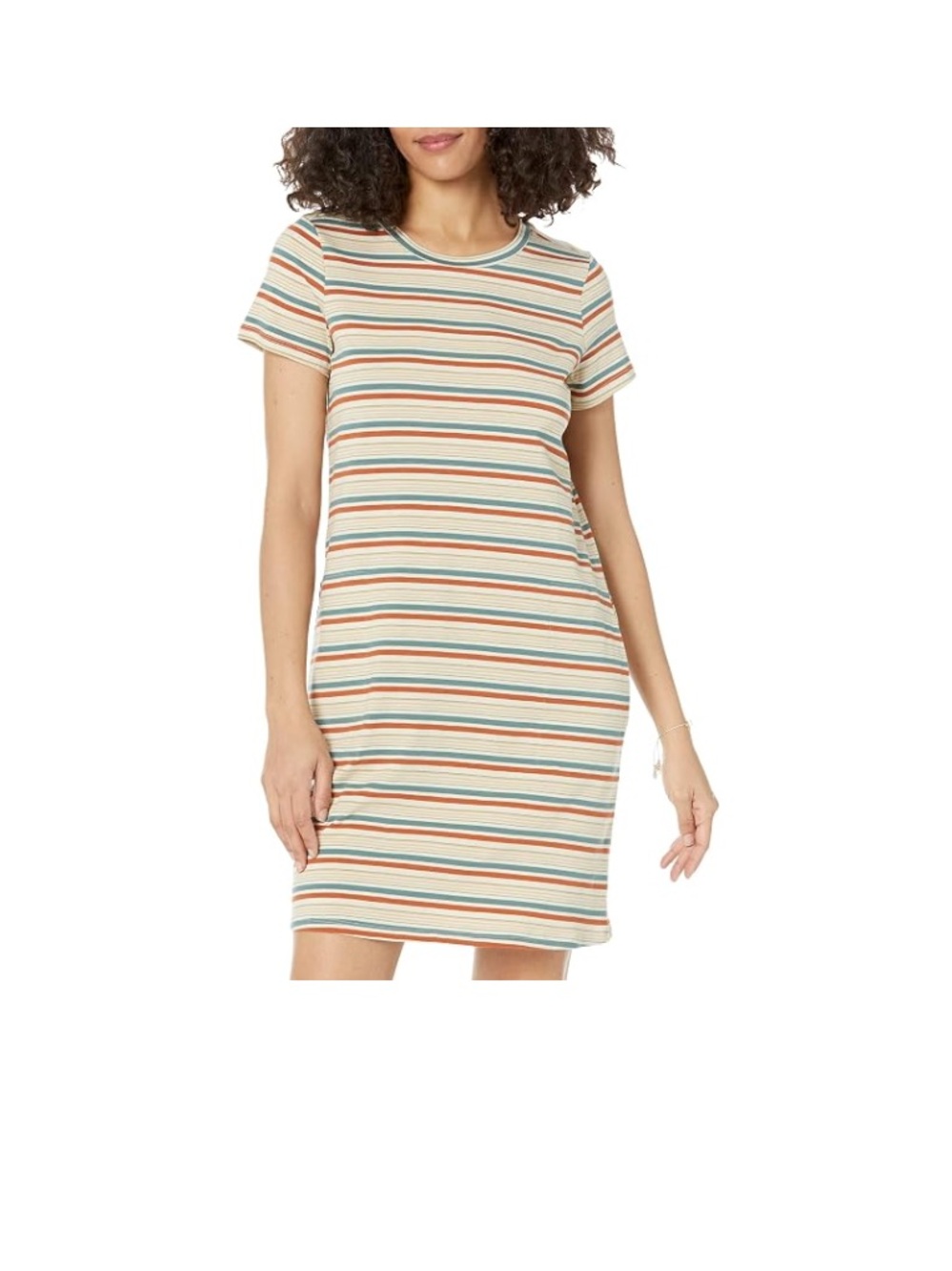 Toad&Co Striped Short Sleeve Tee Dress in Cream, Green & Orange 17” p2p bn2b 31”
